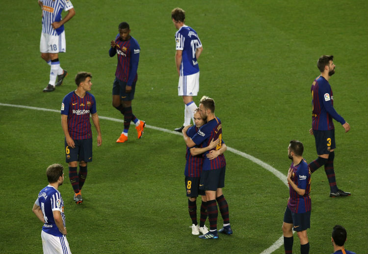 Barcelona players after their 1-0 victory at Camp Nou against Real Sociedad during the La Liga 2017/18 season