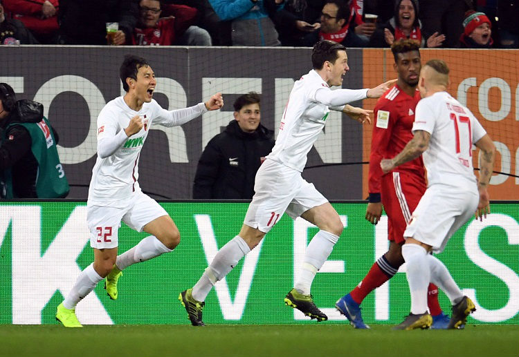 Ji Dong-Won scores the second goal for Augsburg against Bayern Munich in Bundesliga