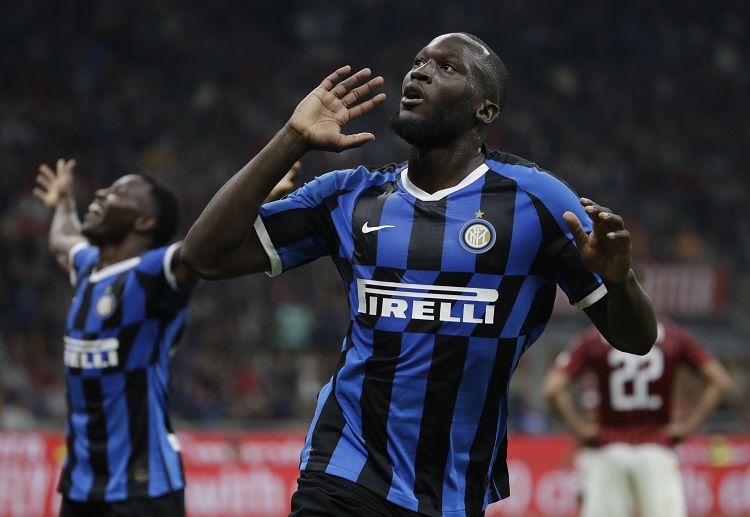 Inter Milan's Romelu Lukaku celebrates  after scoring his third goal in Serie A