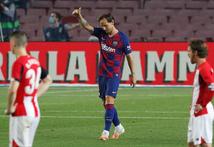 Ivan Rakitic celebrates after his late strike gave Barcelona a 1-0 La Liga win over Athletic Bilbao