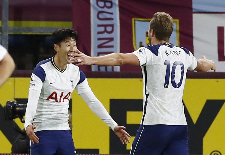 Harry Kane & Son Heung-min celebrates following their Premier League win vs Burnley