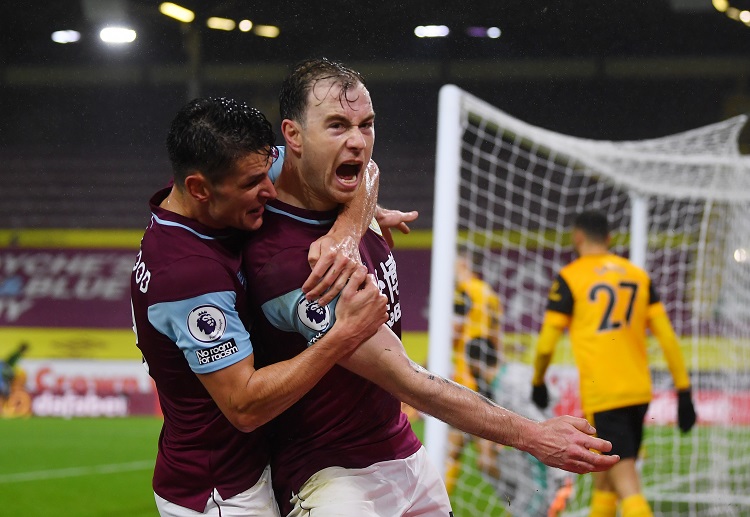 Burnley duo Ashley Barnes and Ashley Westwood celebrates after scoring vs Wolves in the Premier League