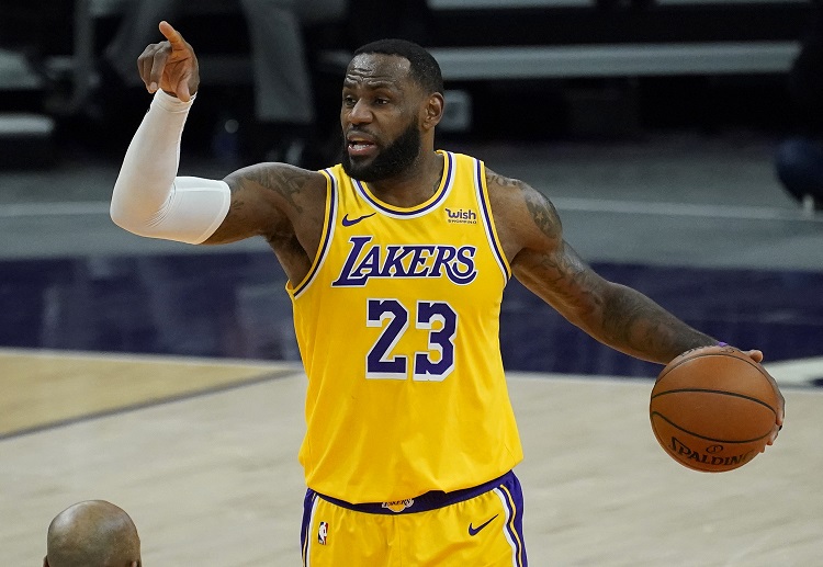 Los Angeles Lakers forward LeBron James reacts during the NBA match