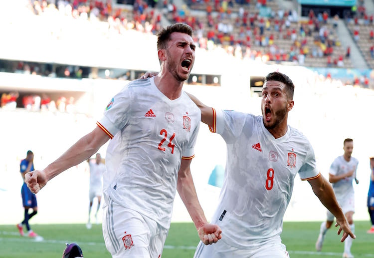 Spain’s Aymeric Laporte registers their second goal in first-half stoppage time during Euro 2020 match with Slovakia