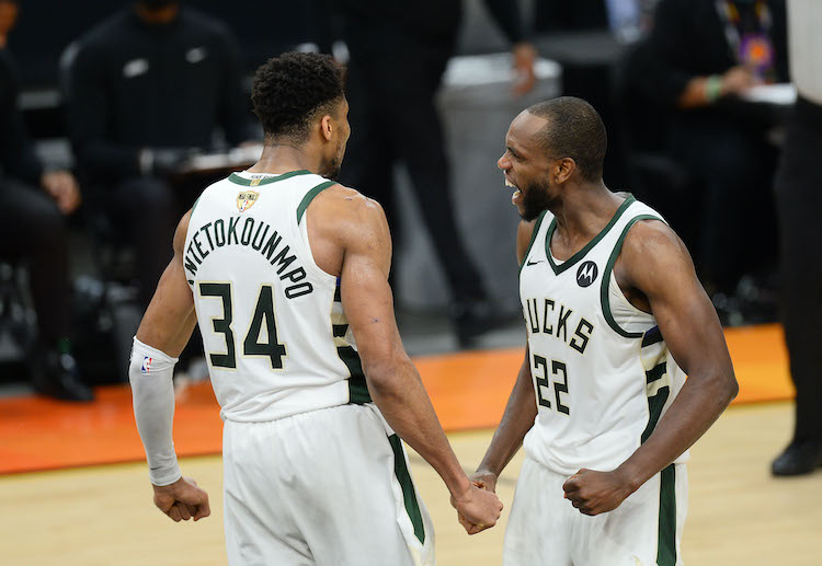 Milwaukee Bucks star Giannis Antetokounmpo celebrates with Khris Middleton after winning the NBA Final Game 5 against the Phoenix Suns