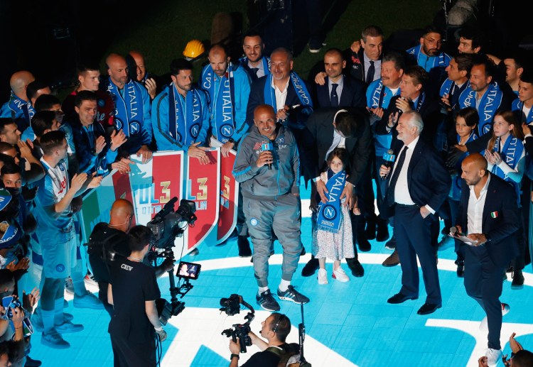 Napoli coach Luciano Spalletti applauds his players after winning Serie A