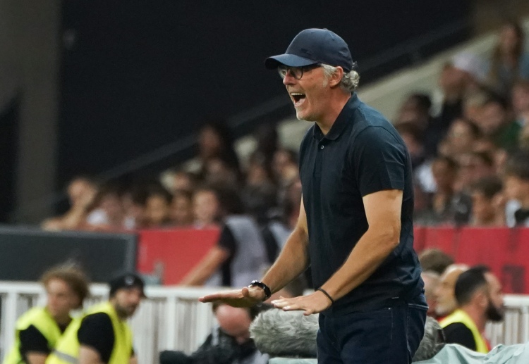 Lyon manager Laurent Blanc shouting in the touchline during their Ligue 1 match with OGC Nice