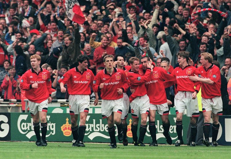 Eric Cantona scores the only goal at Wembley during the FA Cup final between Man United and Liverpool