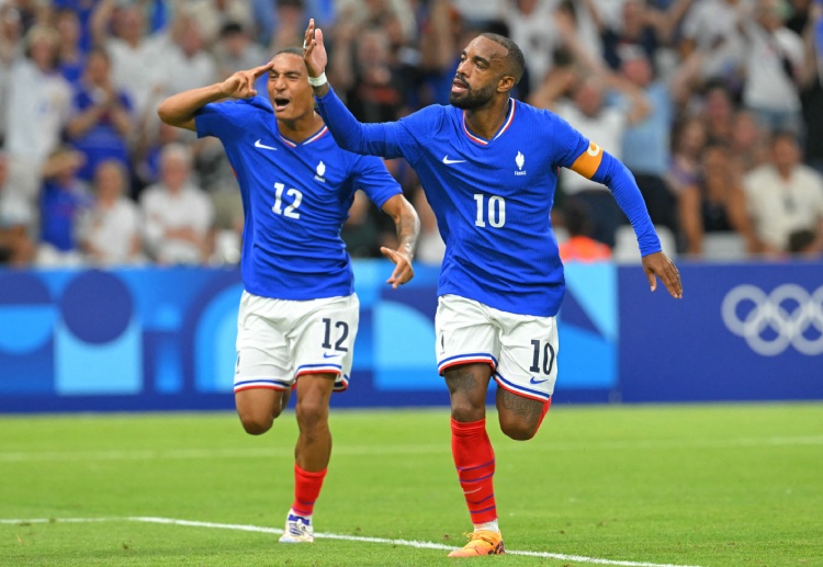 Alexandre Lacazette nets the opening goal for the French squad vs USA during their Olympics 2024 match